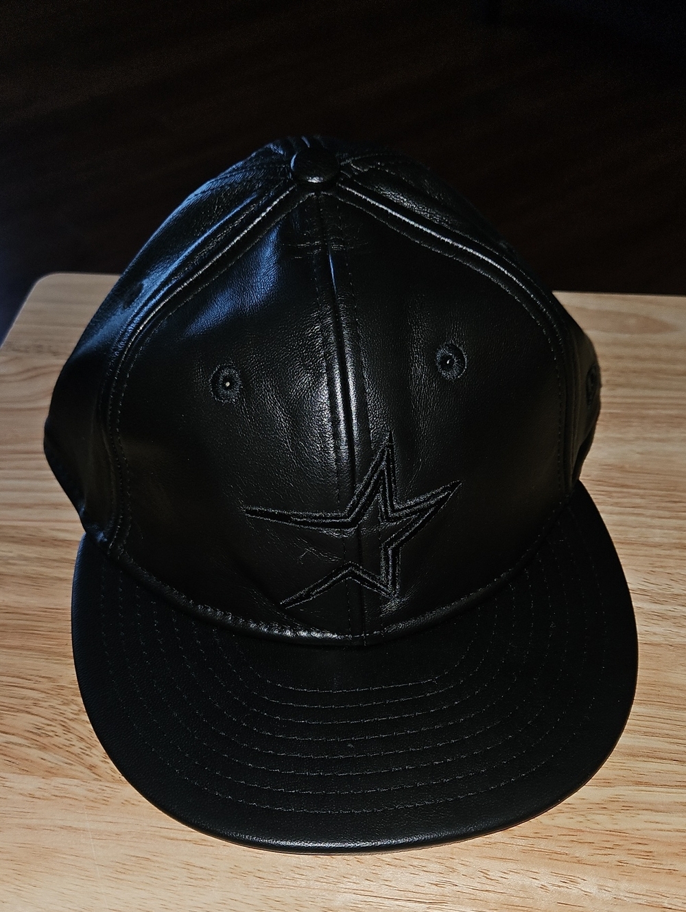 Star Black Leather Sheep Skin Star Embroidered Snapback Hat